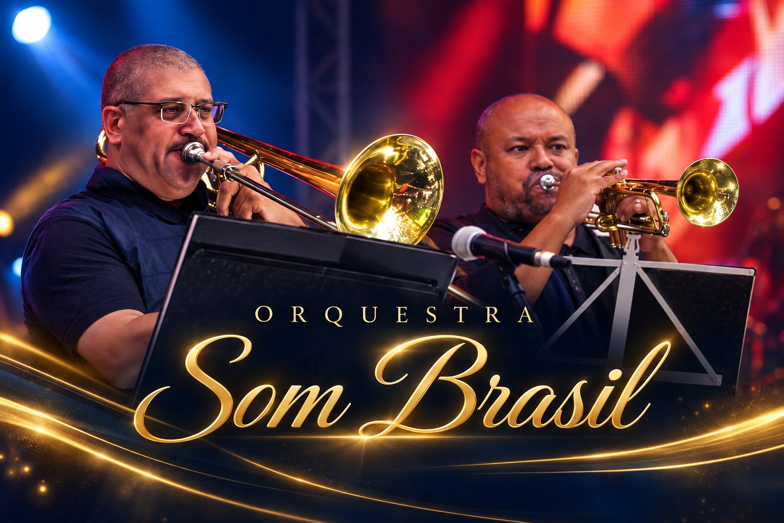 Capa da Orquestra Som Brasil com músicos de metais em apresentação