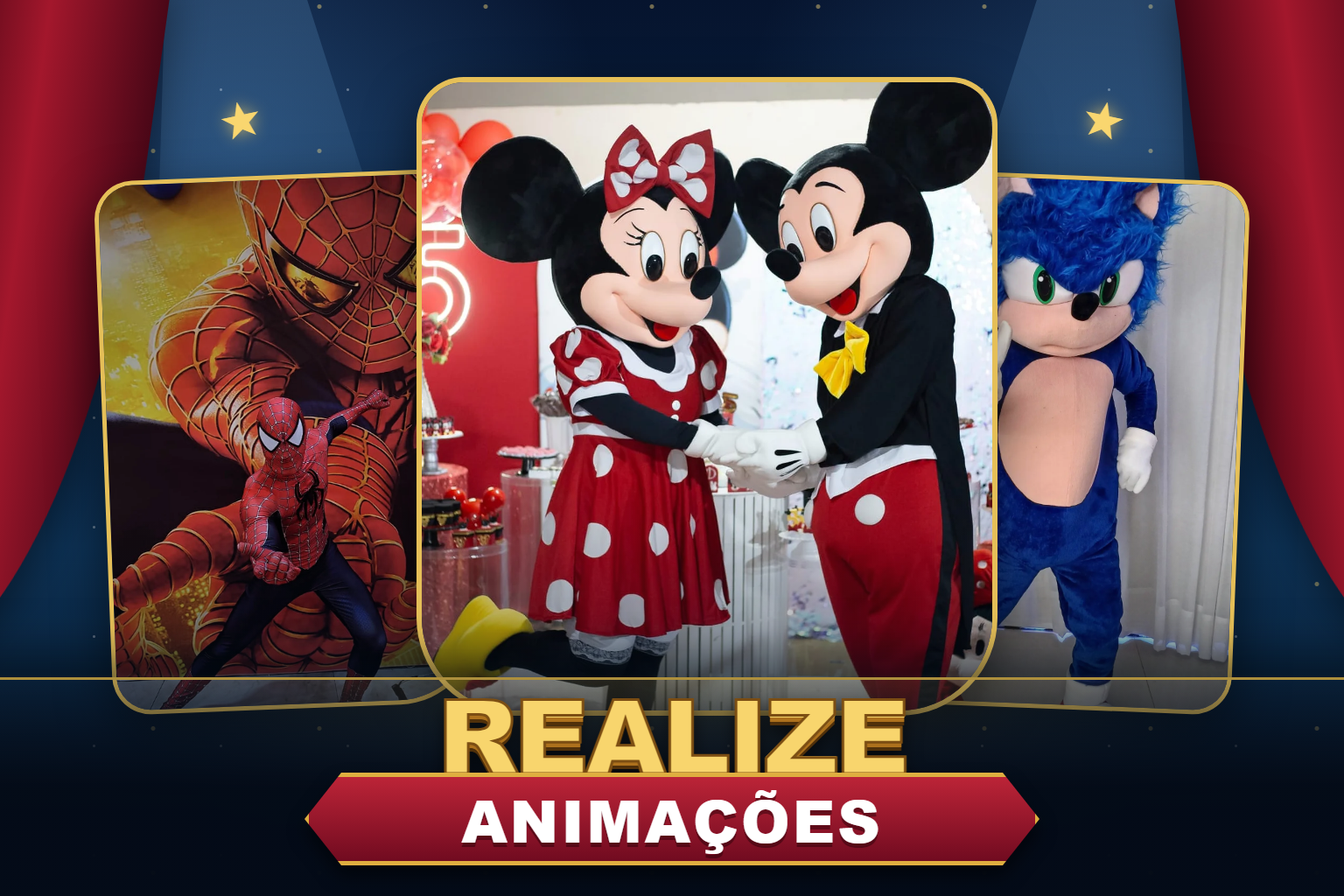 Capa da Realize Animações com Mickey, Minnie, Homem-Aranha e Sonic